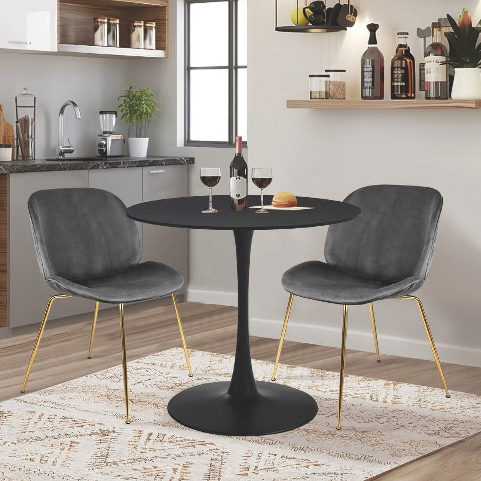 GIA Design Group 3 Piece Kitchen Table Set,Black Tulip Table Mid Century Dining Table and Dark Grey Velvet Upholstered Dining Chair with Gold Legs Set of 2