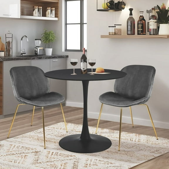 GIA Design Group 3 Piece Kitchen Table Set,Black Tulip Table Mid Century Dining Table and Dark Grey Velvet Upholstered Dining Chair with Gold Legs Set of 2