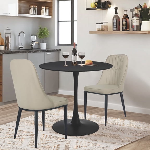 GIA Design Group 3 Piece Kitchen Table Set,Black Tulip Table Mid Century Dining Table and Light Gray Retro Armless Dining Chair Vegan Leather Upholstery Set of 2