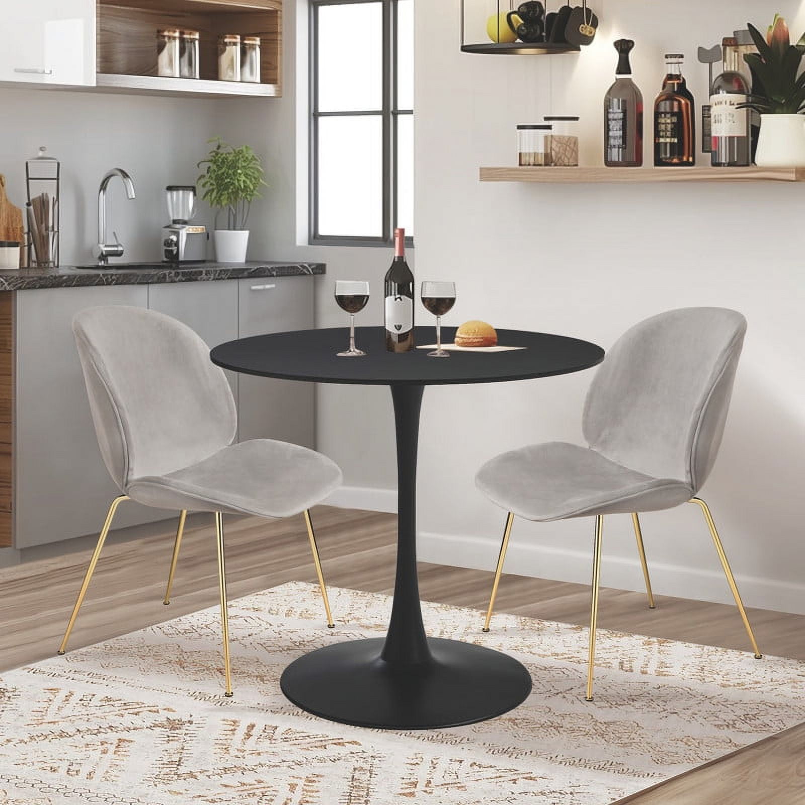GIA Design Group 3 Piece Kitchen Table Set,Black Tulip Table Mid Century Dining Table and Light Gray Retro Dining Chair with Upholstered Seat Set of 2