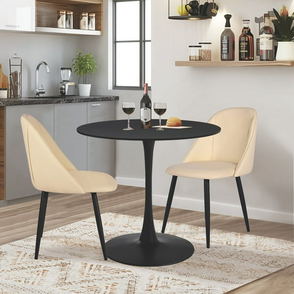 GIA Design Group 3 Piece Kitchen Table Set,Black Tulip Table Mid Century Dining Table and Beige Leather Dining Chair Set of 2