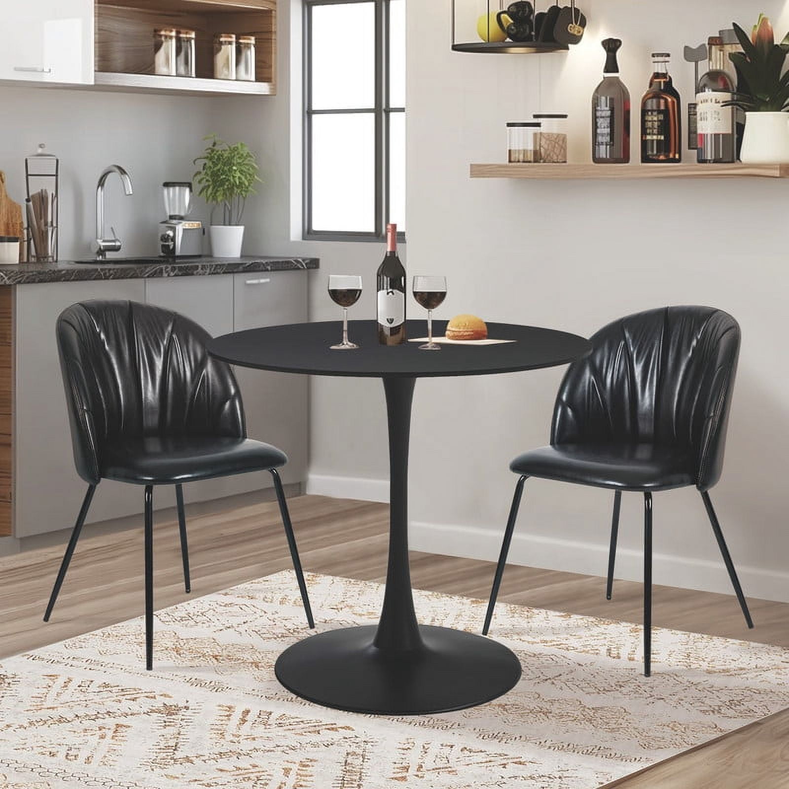 GIA Design Group 3 Piece Kitchen Table Set,Black Tulip Table Mid Century Dining Table and Black Faux Leather Dining Chair with Metal Legs Set of 2