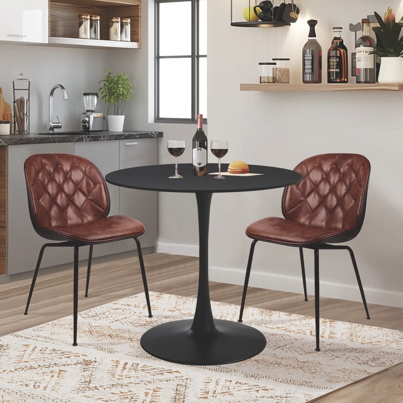 GIA Design Group 3 Piece Kitchen Table Set,Black Tulip Table Mid Century Dining Table and Retro Armless Vegan Leather Living Chair Set of 2