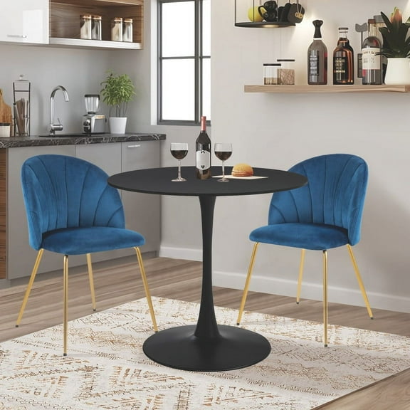 GIA Design Group 3 Piece Kitchen Table Set,Black Tulip Table Mid Century Dining Table and Velvet Blue Dining Side Chair with Gold Legs Set of 2