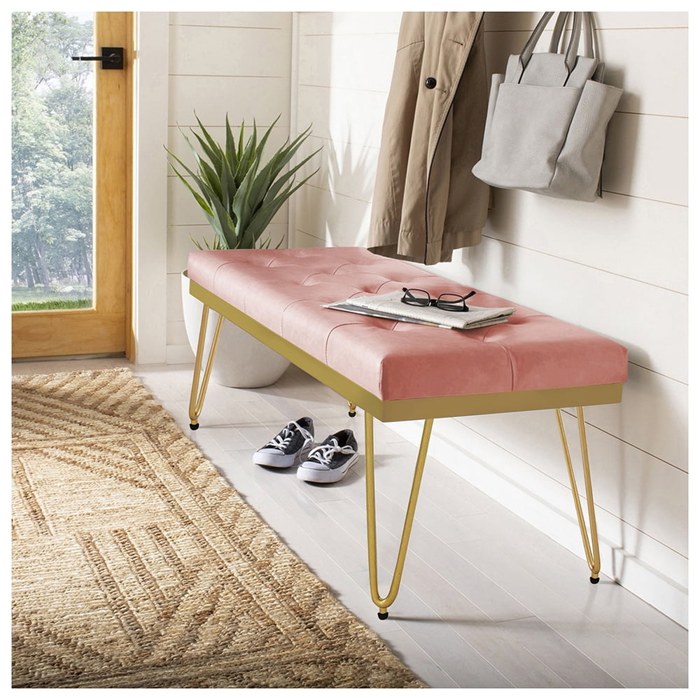 GIA Design Group 44" Pink Velvet Bedroom Bench with Gold Metal Frame