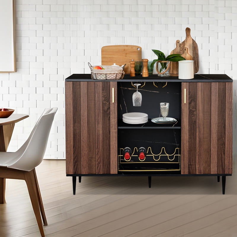 GIA Design Group 47 inch Black Wood Fluted Storage Bar Cabinet with Wine Rack for Living Room Bedroom Walnut