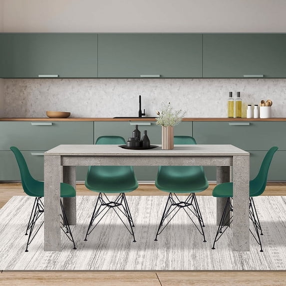 GIA Design Group 5pcs Modern Dining Set, Rectangle Cement Gray Wooland Table and Four Dark Green Plastic Chairs with Metal Leg