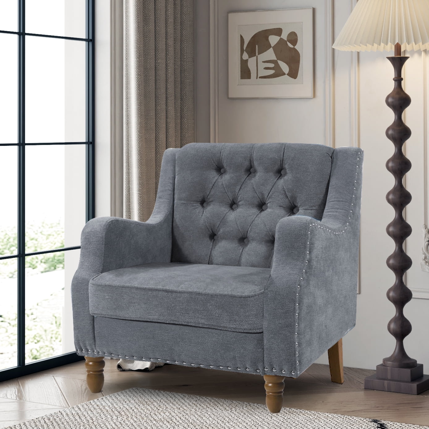 GIA Design Group Gray Button Tufted Armchair Accent Chairs with Wood Legs for Living Room Bedroom