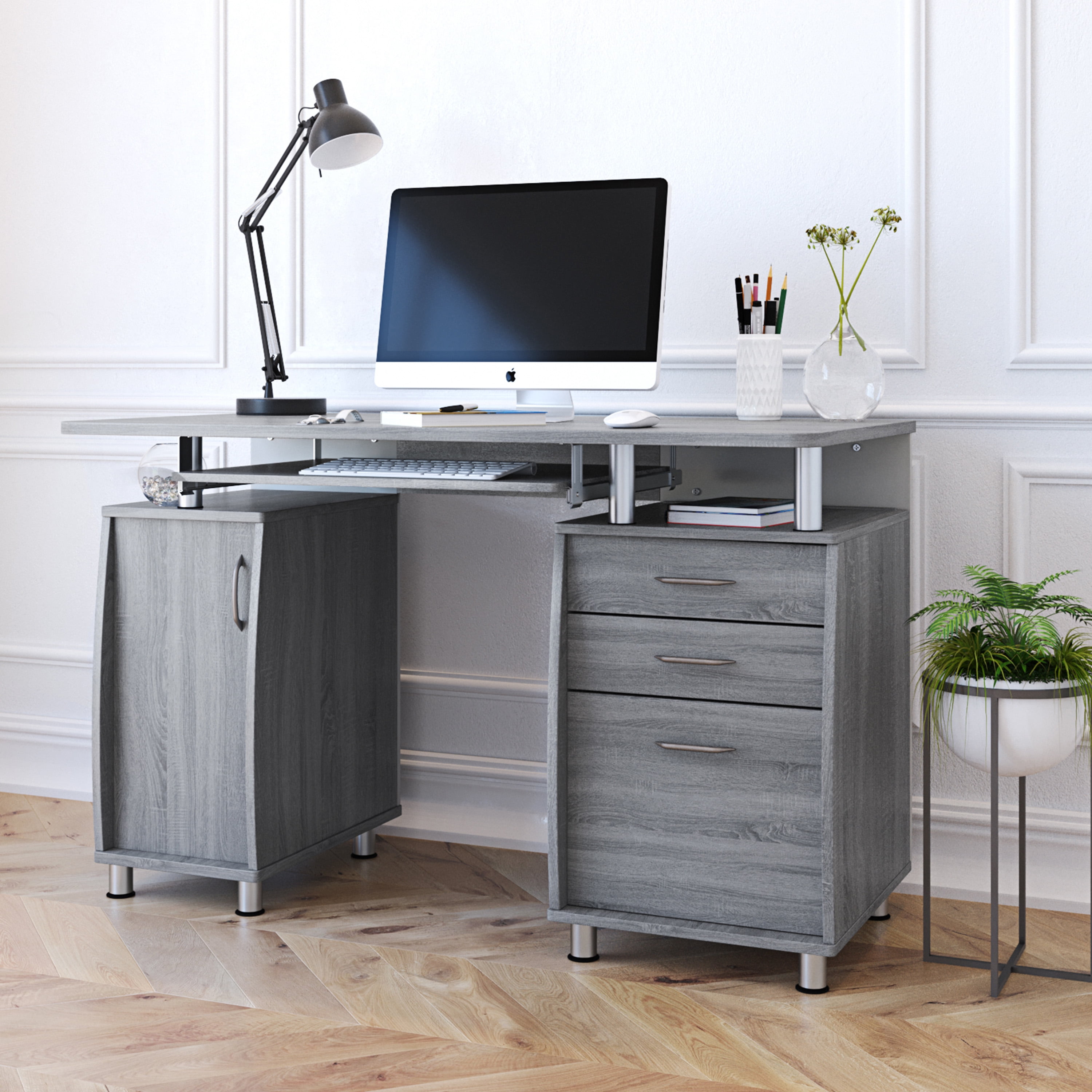 GIA Design Group Gray Home Office Computer Desk with Storage Cabinet,Writing Desk for Home Office