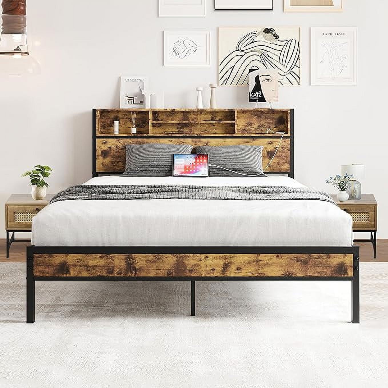 GIA Design Group Modern 3-Piece Bedding Set: Iron Queen Bed Frame with Storage Headboard + 2 Wood Nightstands