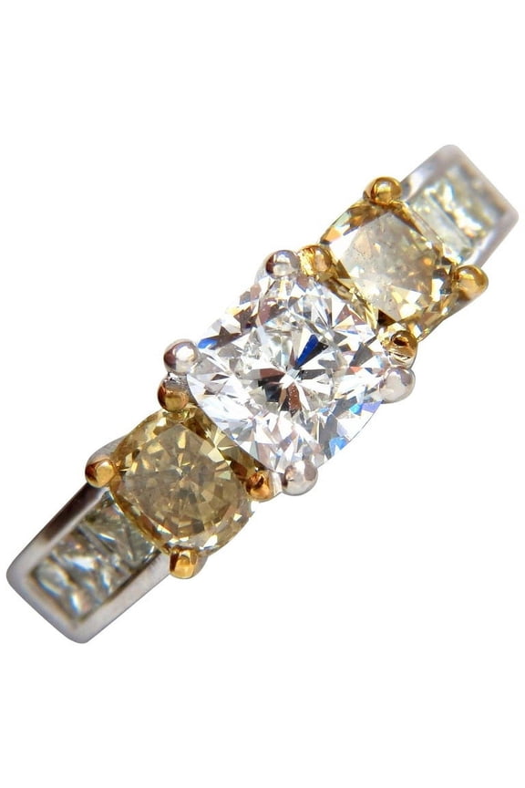 GIA certified 1.01ct Cushion cut diamond & 1.02ct fancy yellows ring 14k G/vvs2