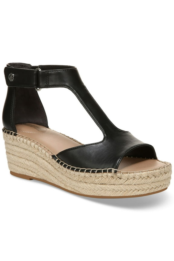 Womens Black 1" Platform Cushioned T-Strap Goring Caylaa Open Toe Wedge Espadrille Shoes 7.5 M