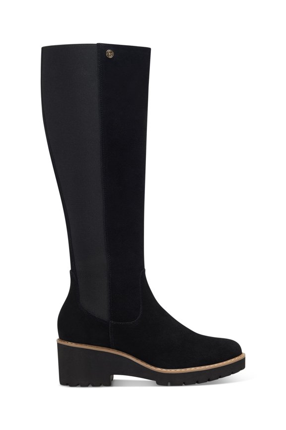 Womens Black Lug Sole Cushioned Stretch Valensia Round Toe Block Heel Zip-Up Leather Riding Boot 8 M