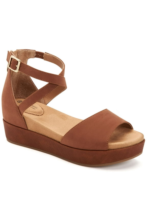 Womens Brown Strappy Comfort Memory Foam 1/2" Platform Cushioned Adjustable Ellenaa Round Toe Wedge Buckle Sandals 10 M