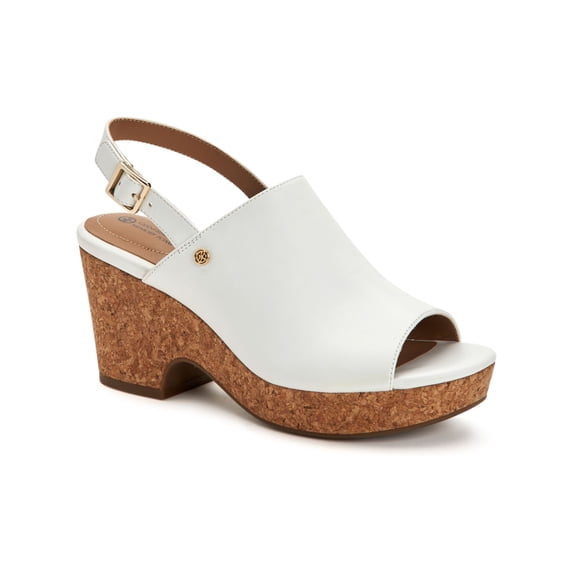 GIANI BERNINI Womens White Cork-Like 1" Platform Logo Adjustable Strap Comfort Celinaa Round Toe Block Heel Buckle Slingback Sandal 6.5 M
