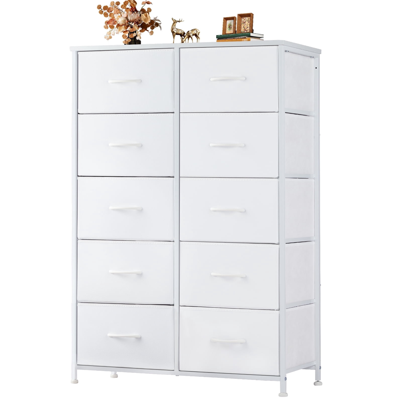 JIOABL 10 Drawer Chest Organizer with Fabric Bins, Dresser for Bedroom, Tall Steel Frame, White