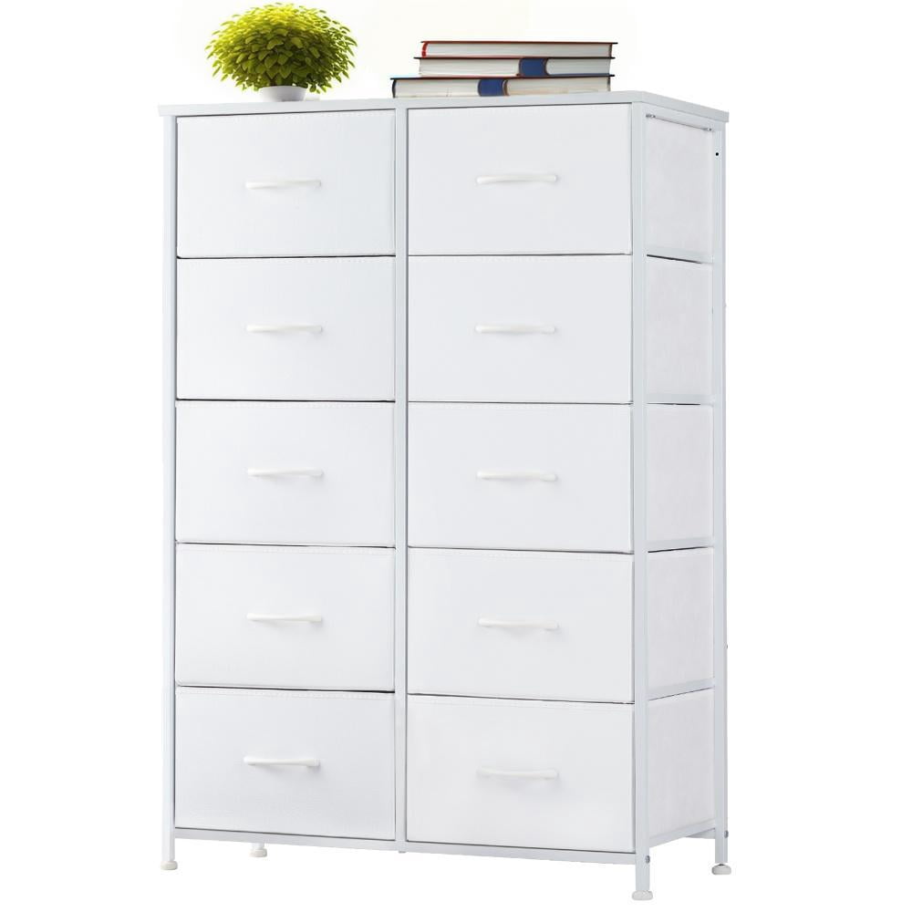 GIANNA 10 Drawer Dresser for Bedroom, Tall Chest Organizer with Fabric Bins, Freestanding Storage Cabinet, White
