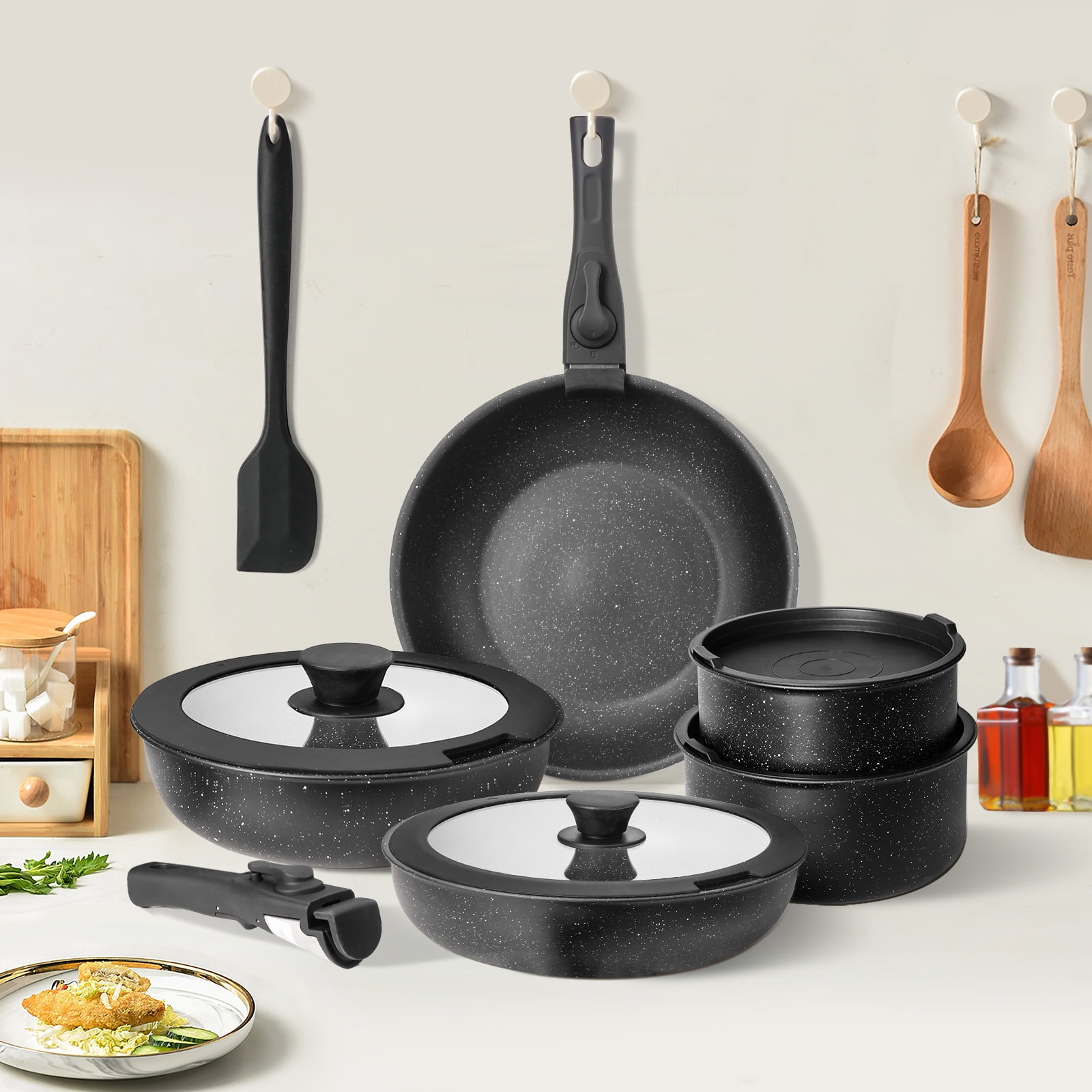 JIOABL 12-Piece Nonstick Pots and Pans Set, With Removable Handle, Induction Cookware, Black
