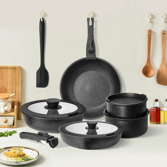 JIOABL 12-Piece Nonstick Pots and Pans Set, With Removable Handle, Induction Cookware, Black