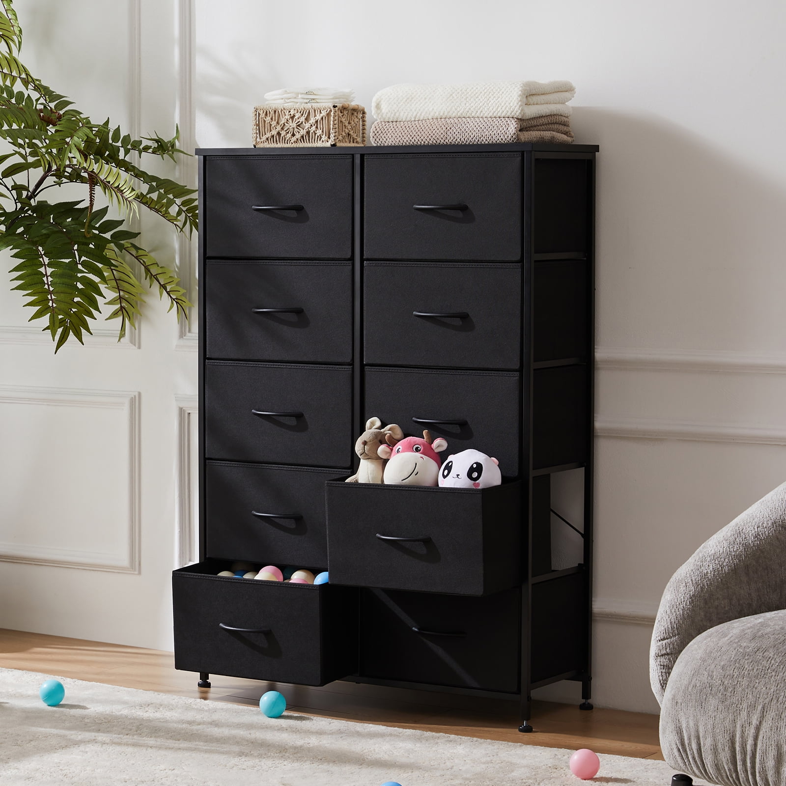 GIANNA 2-Piece Set 6 Drawer Dresser for Bedroom, Tall Chest Organizer with Fabric Bins, Steel Frame, Grey