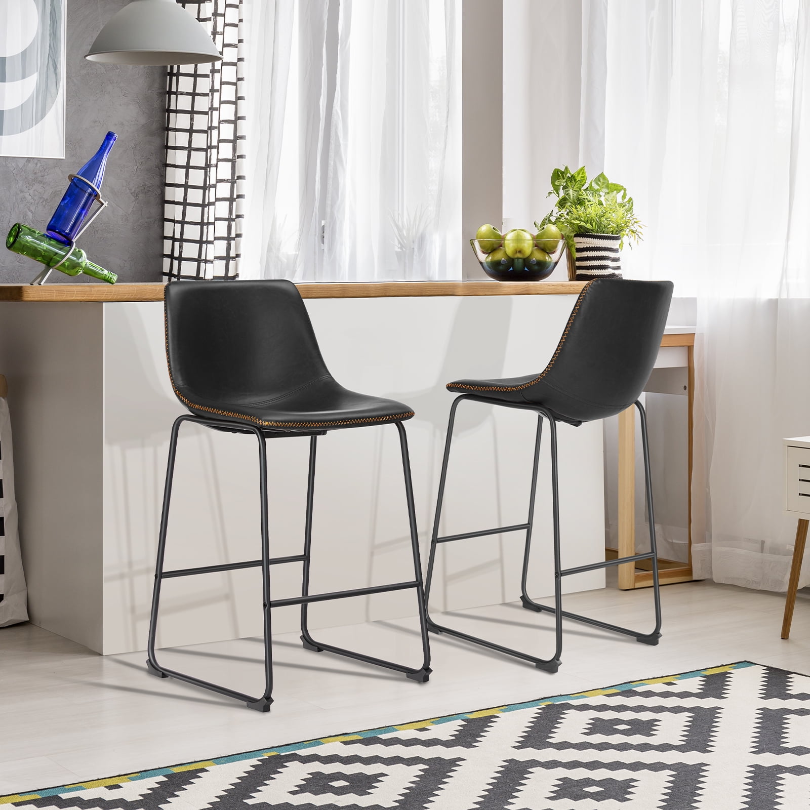 GIANNA 2 pcs 30" Bar Height Barstools, Modern Faux Leather, With Metal Legs, Footrest, For Dining Room Kitchen Island, Black