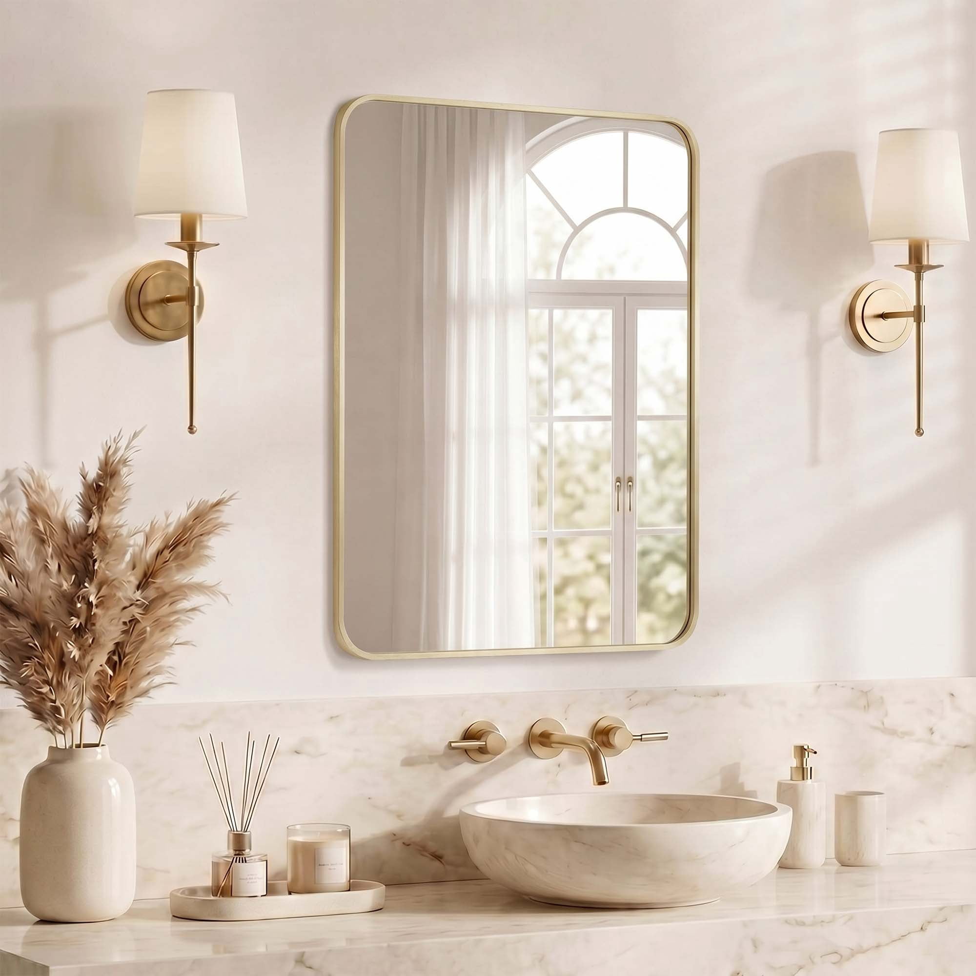 GIANNA 20"x28" Square & Round Bathroom Mirror – Metal Frame, Modern Vanity, Wall-Mounted, Gold