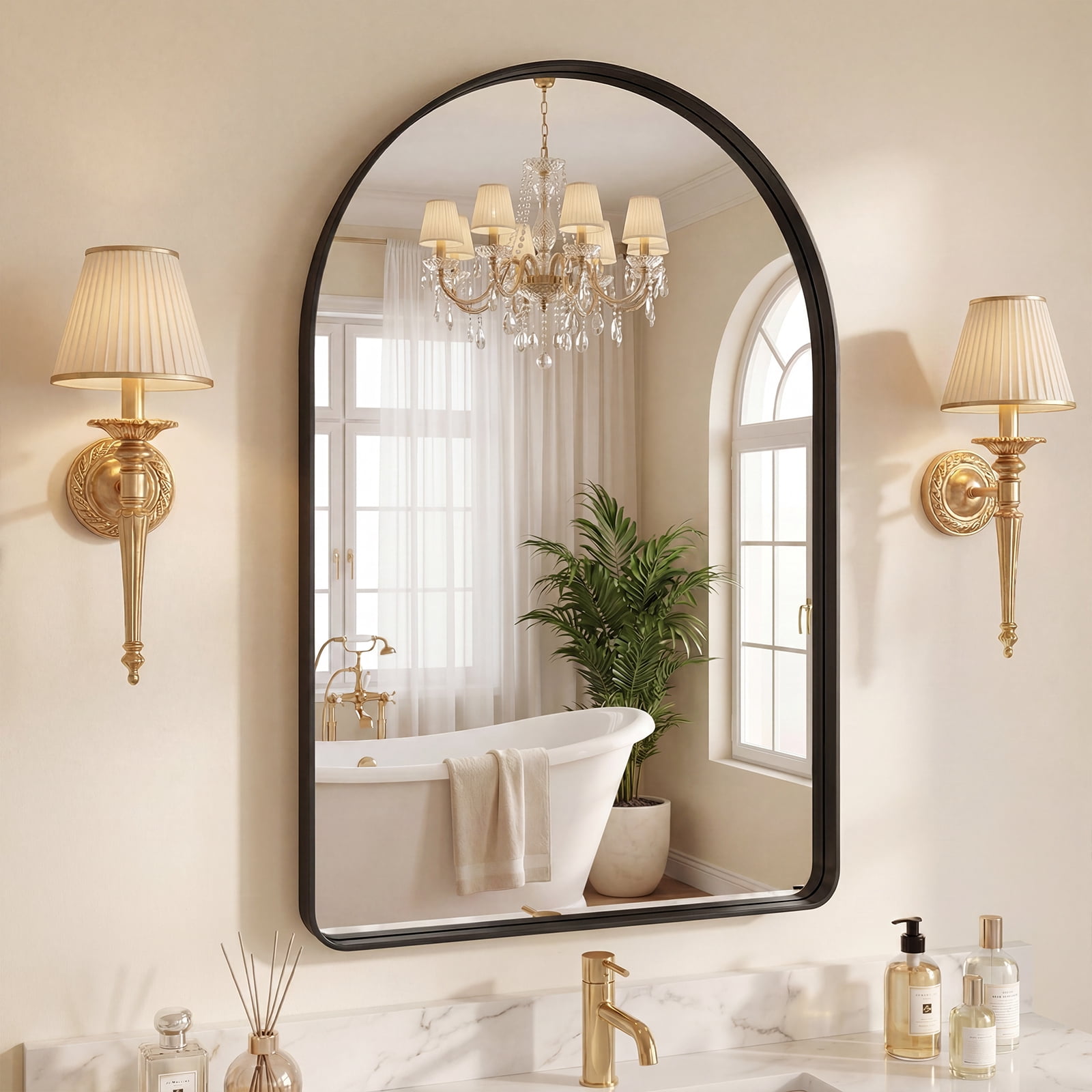 GIANNA 20"x30" Arch Top Straight Bottom Bathroom Mirror – Rectangular Metal Frame with Groove Accents, Wall-Mounted Vanity Mirror, Black