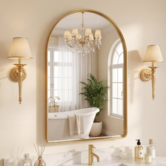 GIANNA 20"x30" Arch Top Straight Bottom Bathroom Mirror – Rectangular Metal Frame with Groove Accents, Wall-Mounted Vanity Mirror, Gold