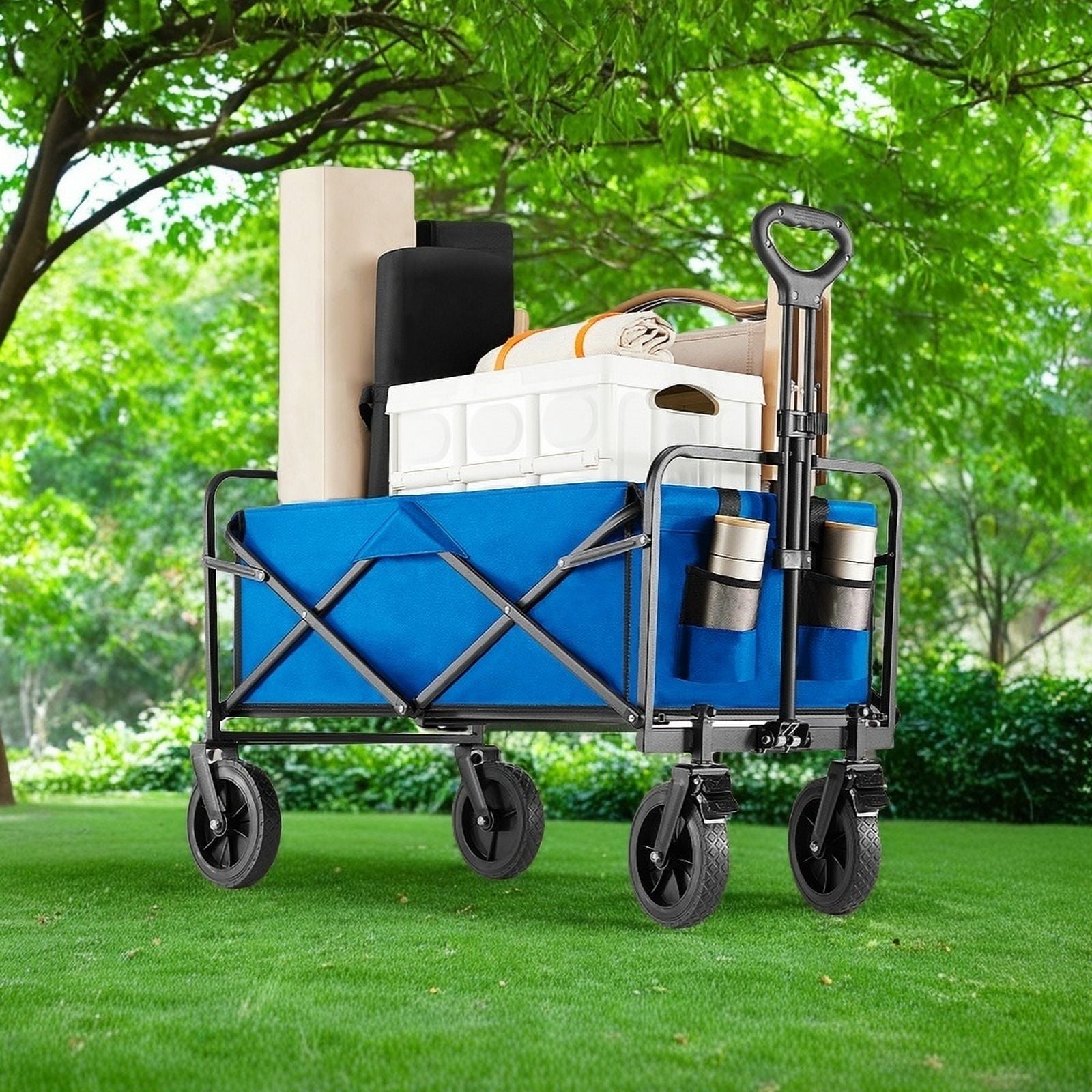 CONCETTA Foldable Blue Utility Cart with Drink Holders, Large Capacity, 29"x18.5"x26.5"