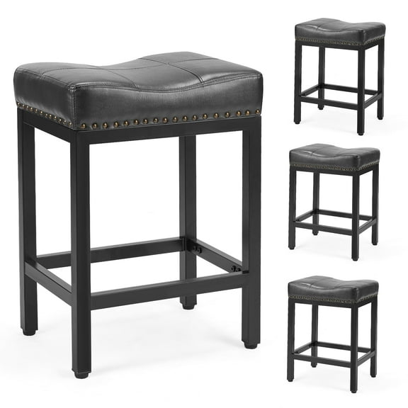 JOINSUN 24 inch Bar Stools Set of 4, Upholstered Modern Counter Height Bar Stools for Kitchen Island Modern PU Leather Sadless Stools Chair with Metal Base and Footrest, Black