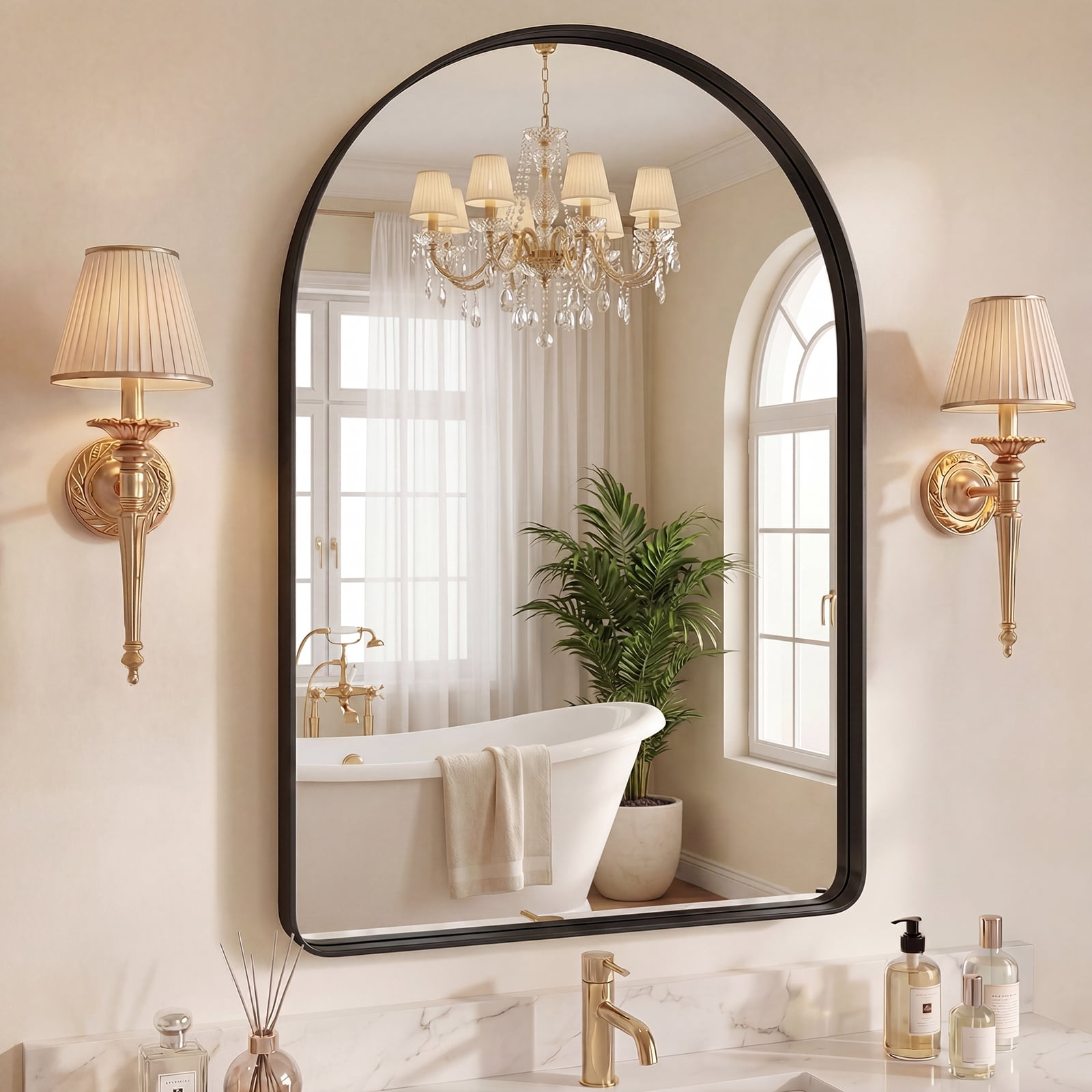 GIANNA 24"x36" Arch Top Straight Bottom Bathroom Mirror – Rectangular Metal Frame with Groove Accents, Wall-Mounted Vanity Mirror, Black