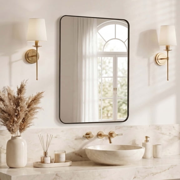 GIANNA 24"x36" Square & Round Bathroom Mirror – Metal Frame, Modern Vanity, Wall-Mounted, Black