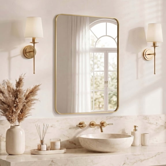 GIANNA 24"x36" Square & Round Bathroom Mirror – Metal Frame, Modern Vanity, Wall-Mounted, Gold