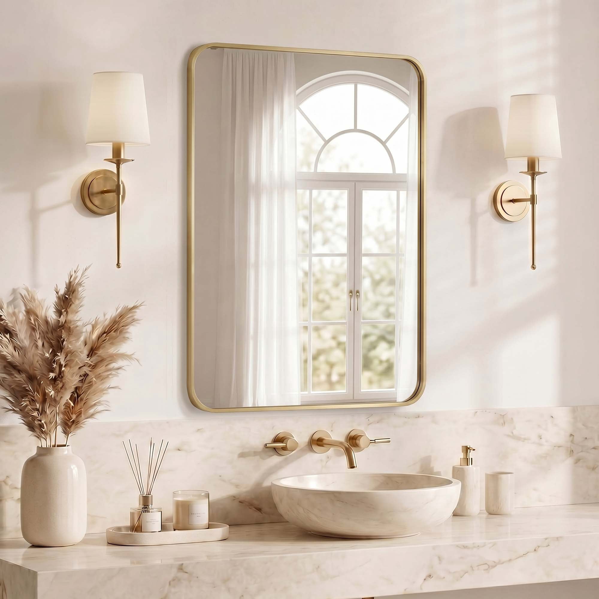 GIANNA 26"x38" Square & Round Bathroom Mirror – Metal Frame, Modern Vanity, Wall-Mounted, Gold