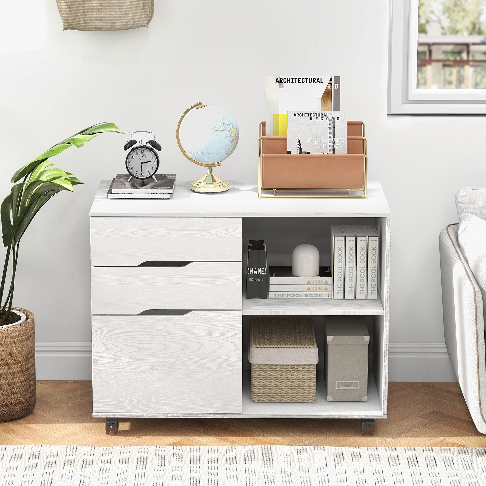 Gianna 3 Drawer File Cabinet with Wheels and Open Storage Shelves for ...