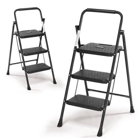 edx 3 Step Ladder, Portable Folding Step Stool with Anti-Slip Pedal & Comfortable Handrail, Lightweight 800Lbs Capacity, Heavy Duty Step Stool for Kitchen, Garage & Outdoor Use, Black