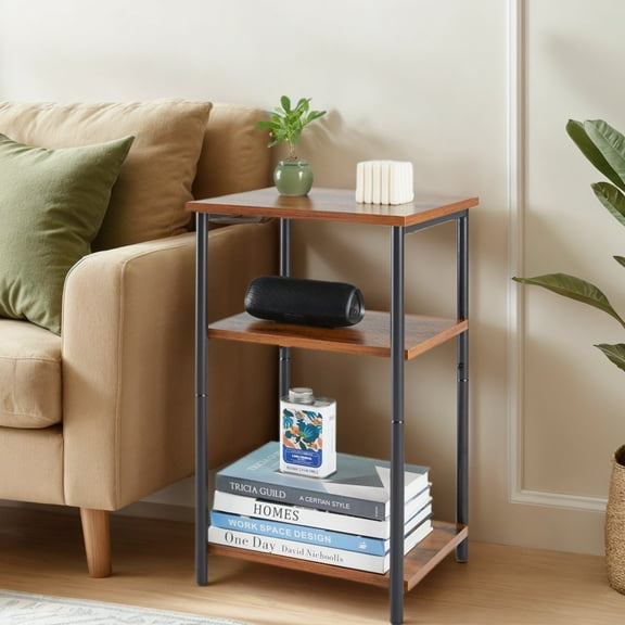 GIANNA 3 Tier Side Sofa Tables, End Table for Living Room, Bedroom, Nightstand with Adjustable Feet,Set of 2, Rustic Brown
