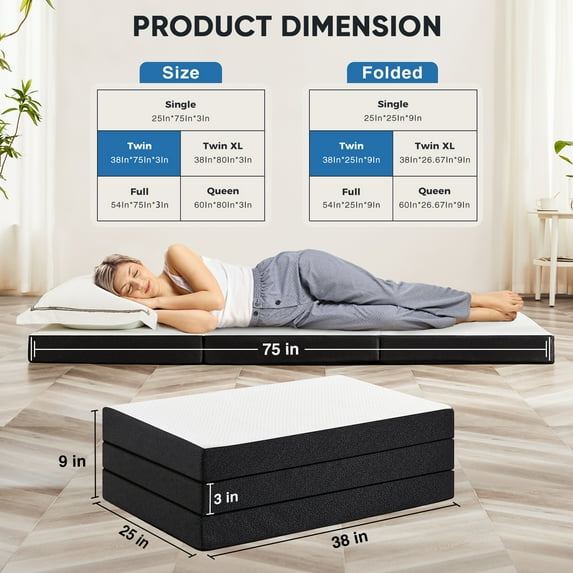 Gianna 3" Twin Size Tri-fold Memory Foam Mattress, Foldable Mattress