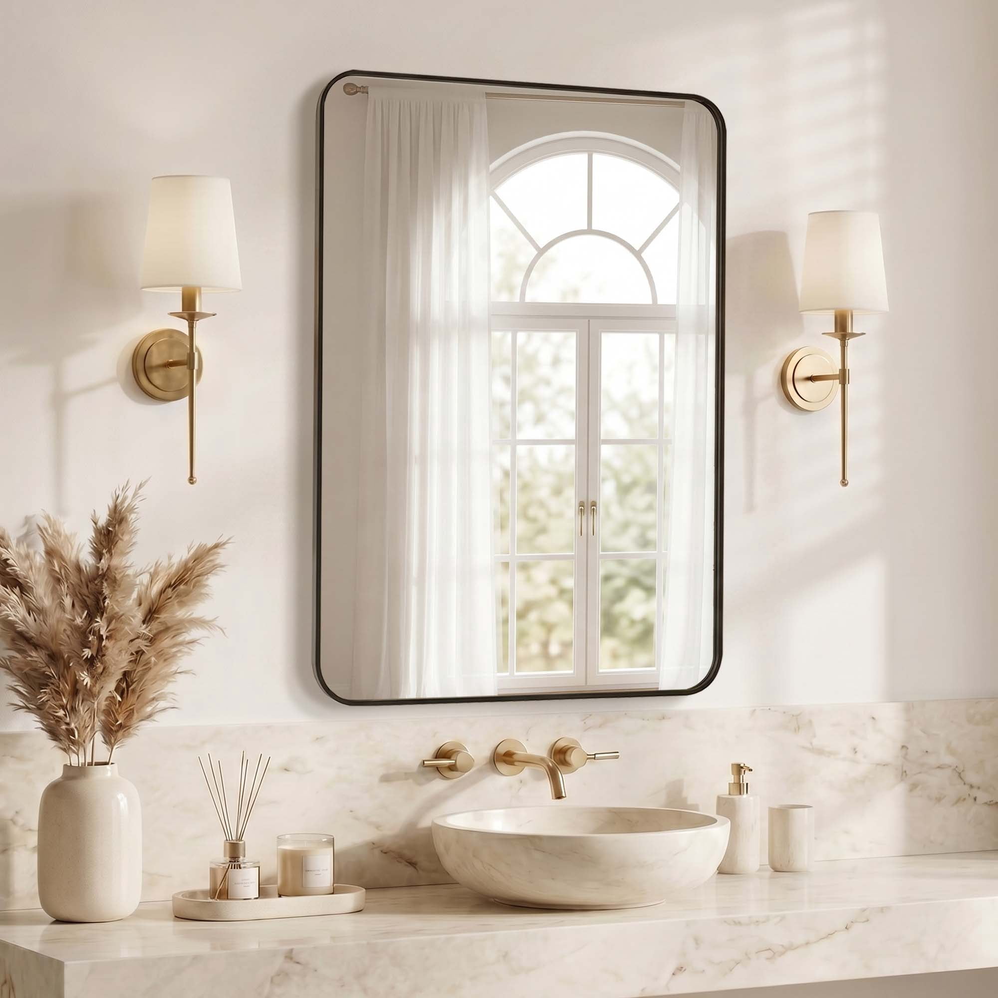 GIANNA 30"x40" Square & Round Bathroom Mirror – Metal Frame, Modern Vanity, Wall-Mounted, Black