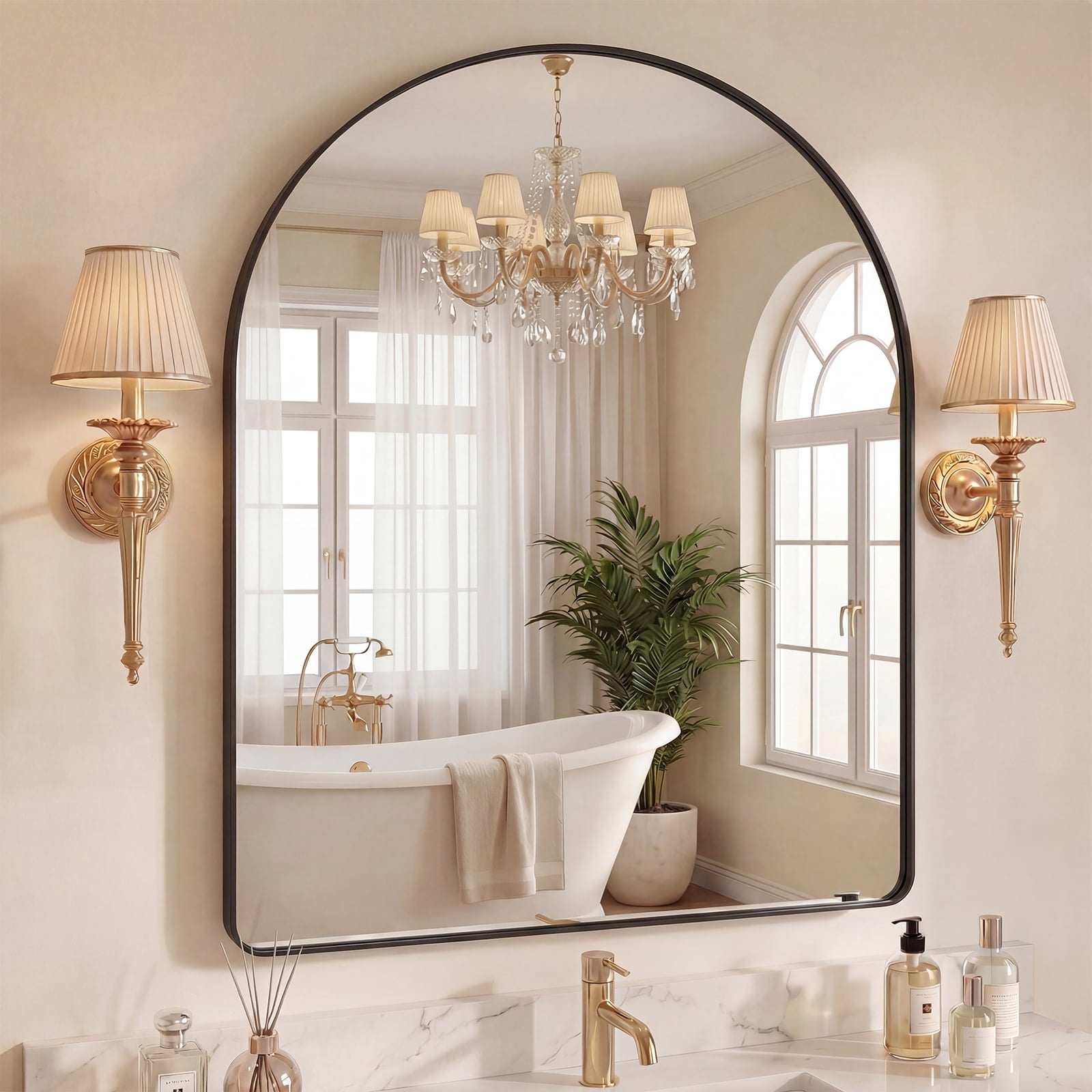 GIANNA 32"x34" Arch Top Straight Bottom Bathroom Mirror – Rectangular Metal Frame with Groove Accents, Wall-Mounted Vanity Mirror, Black