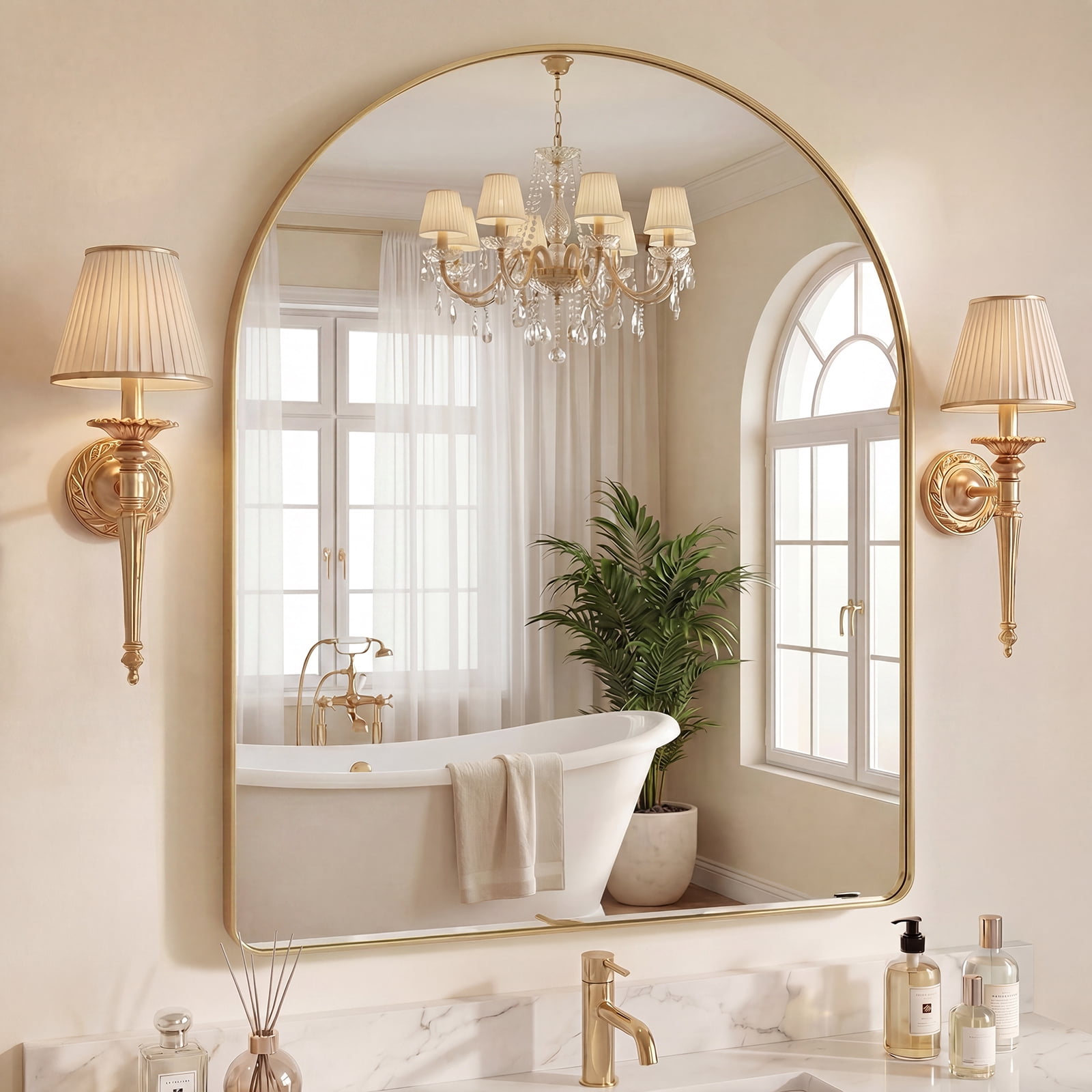 GIANNA 32"x34" Arch Top Straight Bottom Bathroom Mirror – Rectangular Metal Frame with Groove Accents, Wall-Mounted Vanity Mirror, Gold