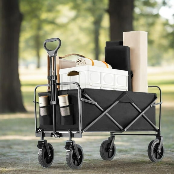 CONCETTA Foldable Black Utility Cart with Drink Holders, Large Capacity, 33.27" X 20.47" X 29.53"