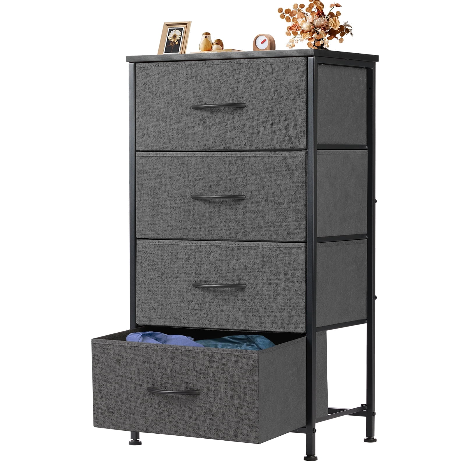 JIOABL 4 Drawer Chest Organizer with Fabric Bins, Dresser for Bedroom, Tall Steel Frame, Grey