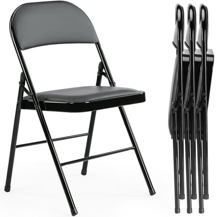 JIOABL 4 Folding Chairs, Sturdy Metal Frame, Waterproof Pu Leather, For Office, Kitchen, Dining Room, Weddings, Terrace, Garden, Black