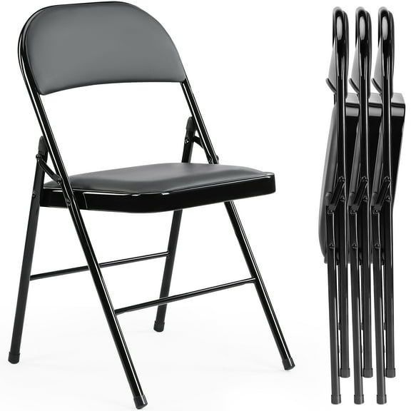 JIOABL 4 Folding Chairs, Sturdy Metal Frame, Waterproof Pu Leather, For Office, Kitchen, Dining Room, Weddings, Terrace, Garden, Black