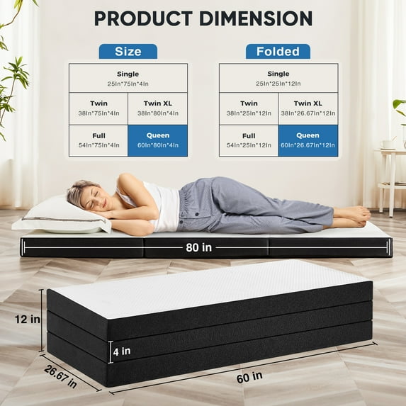 GIANNA 4" Queen Size Tri-fold Memory Foam Mattress, Foldable Mattress
