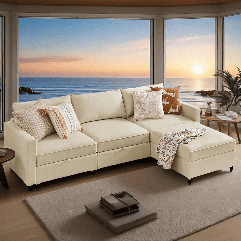 Gianna 4 Seat Convertible Sectional Sofa with Ottoman, Beige, Plush