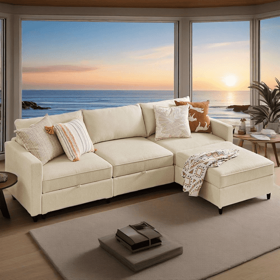 GIANNA 4 Seat Convertible Sectional Sofa Couch, U-Shaped Modern Modular Sofa Sleeper with Ottoman, For Living Room, Beige