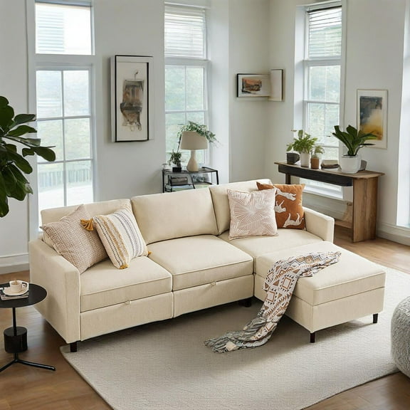 GIANNA 4-Seat Convertible Sectional Sofa with Storage, Modern L-Shaped Sleeper Sofa with Ottoman, Extra Deep Seat Cushions, Soft Fabric, Beige