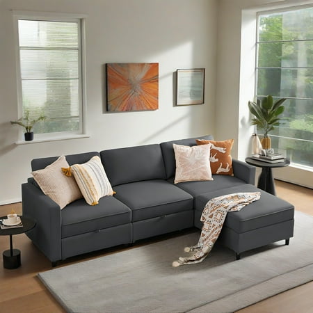 GIANNA 4-Seat Convertible Sectional Sofa with Storage, Modern L-Shaped Sleeper Sofa with Ottoman, Extra Deep Seat Cushions, Soft Fabric, Dark Grey